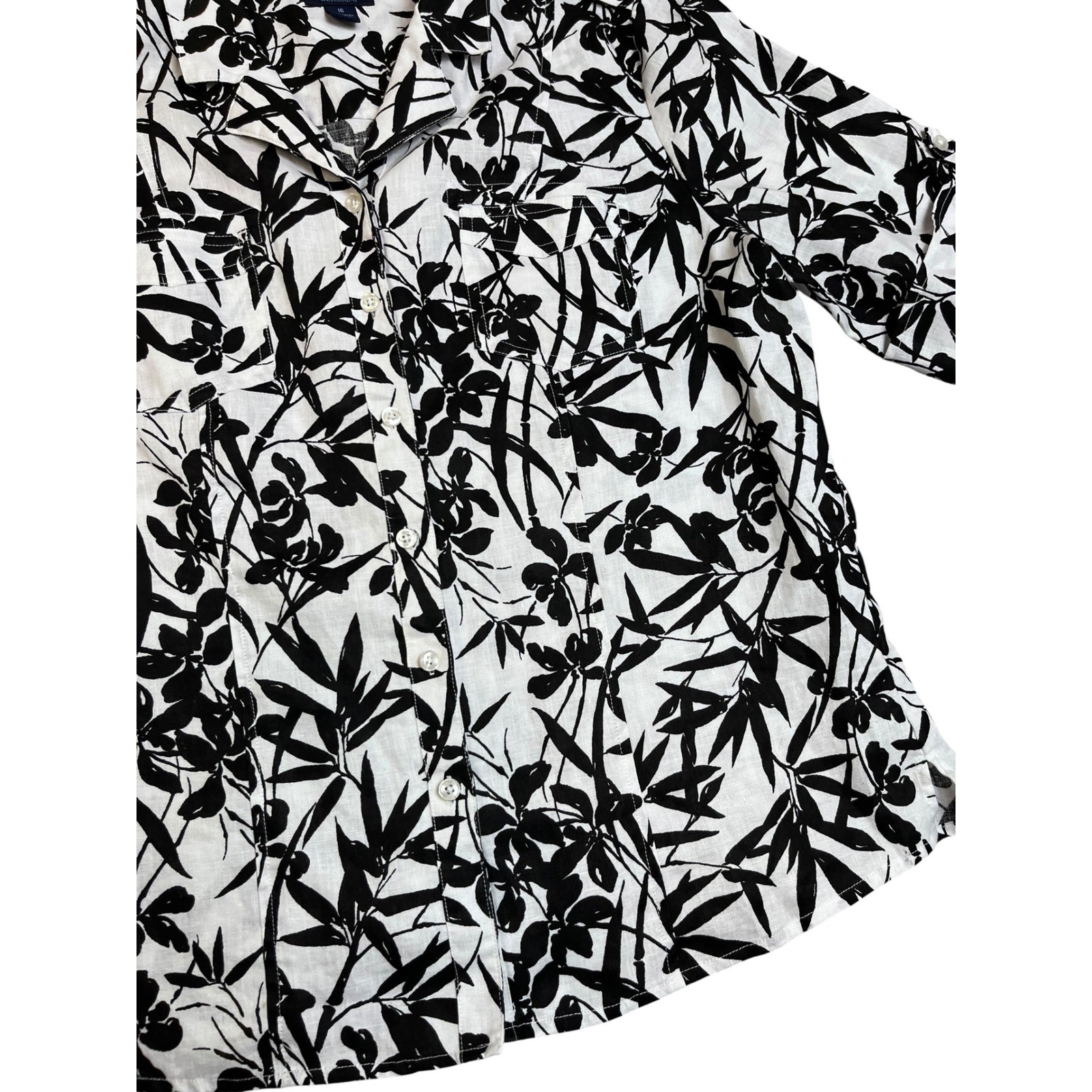 Westbound Womens 16 Linen Button Up Shirt Black White Floral Bamboo Camp Blouse