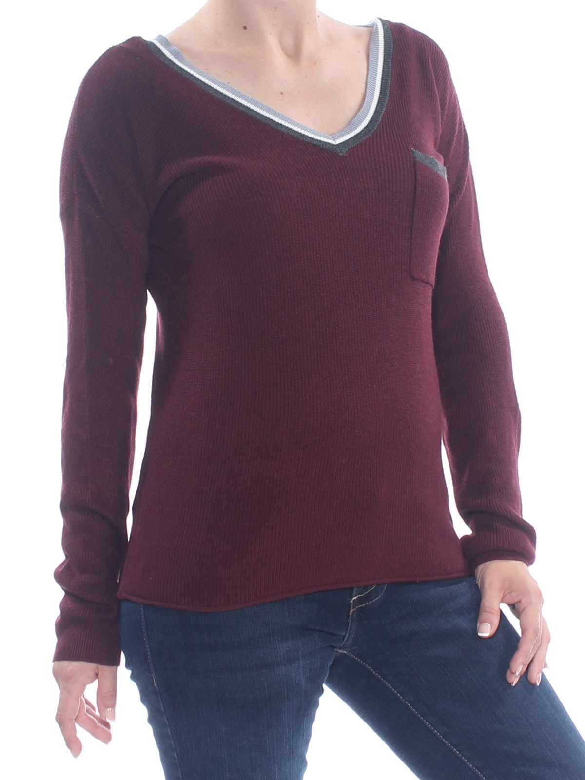 HIPPIE ROSE Womens Top Burgundy Pocketed Long Sleeve V Neck Juniors S
