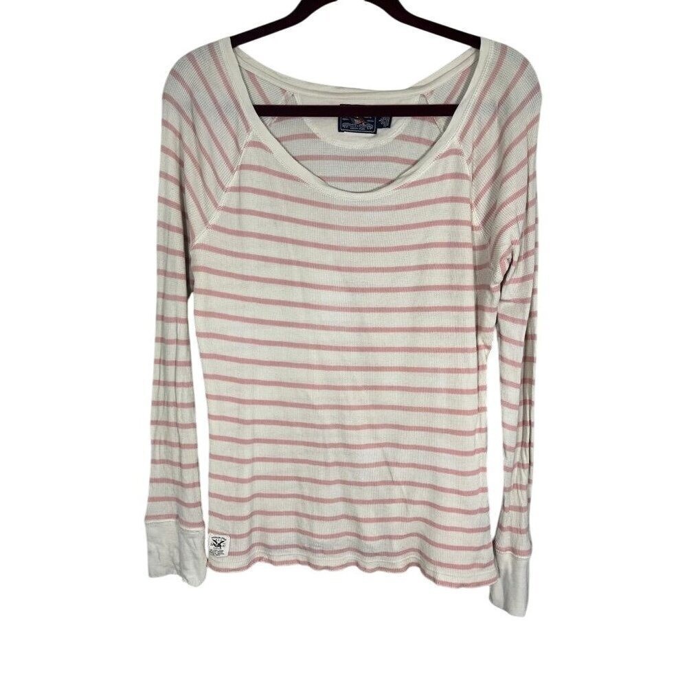 Retro Striped Waffle Knit Top L Pink Y2K Grunge Preppy Feminine Classic 90s Chic