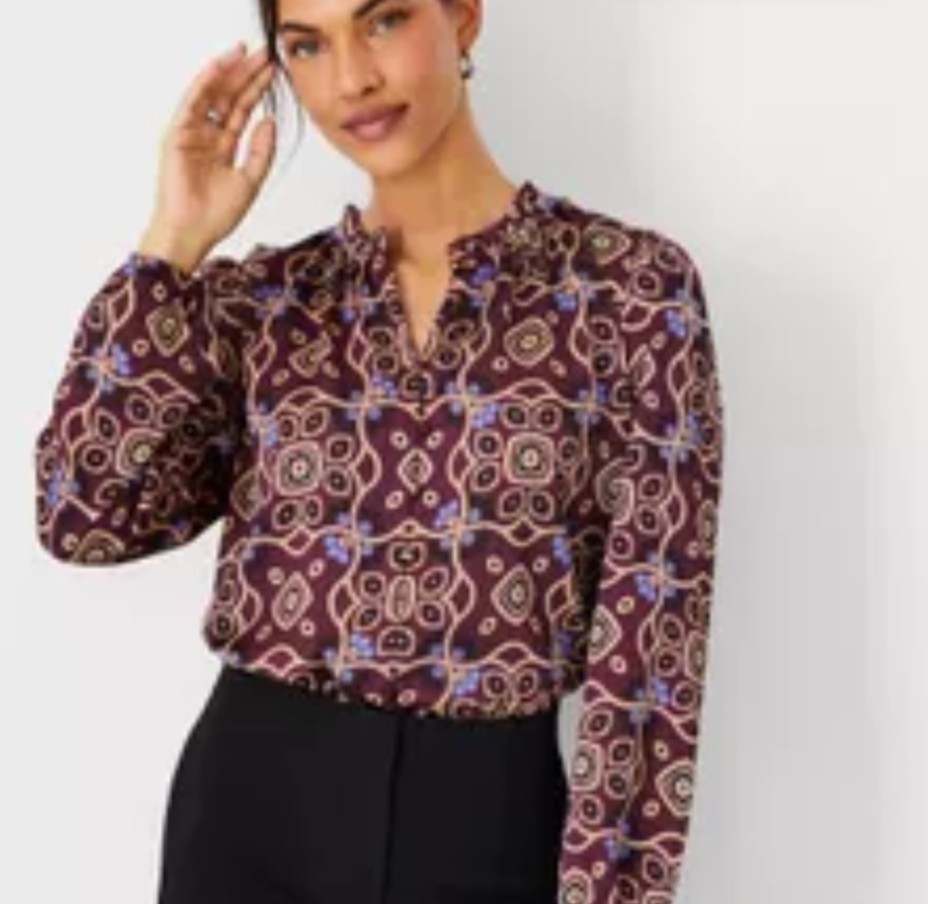 Ann Taylor Womens Medallion Print Blouse Burgundy Blue Long Sleeve Small