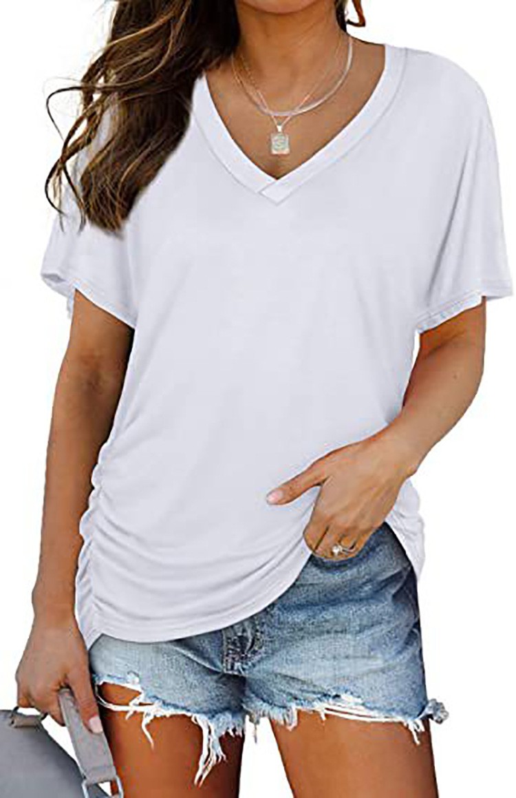 Women’s Solid V-Neck Short Sleeve T-Shirt Loose Cotton Blend Summer Tee Blouse