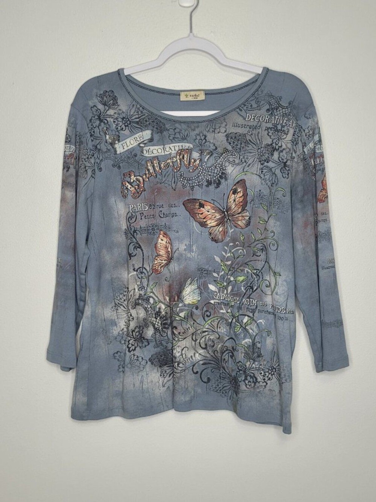 Cactus blue 3/4 sleeve butterfly art to wear Paris botanical art moody boho top