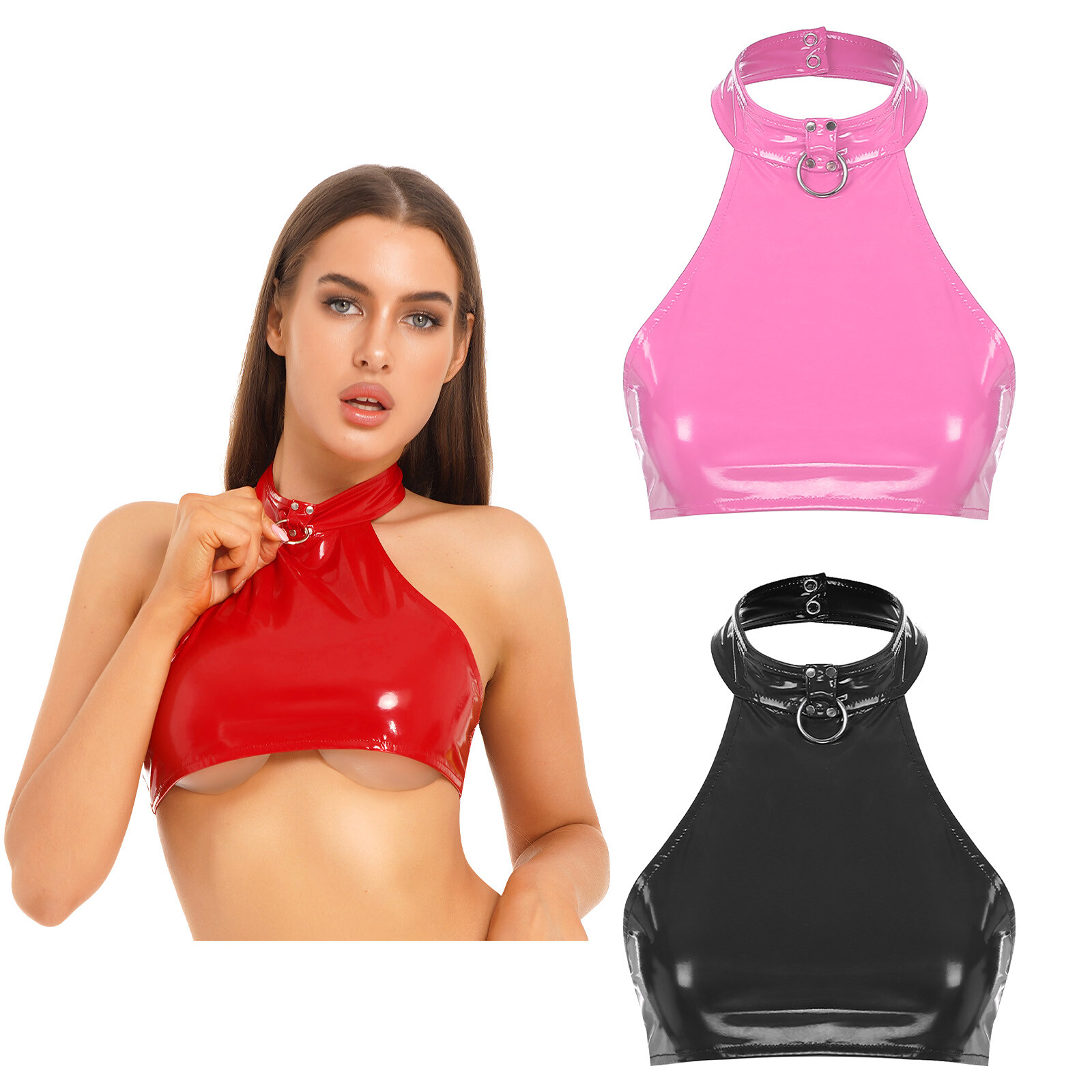 Women’s Halter Leather Crop Top Sleeveless O Neck Bodycon Shiny Latex Liquid Top