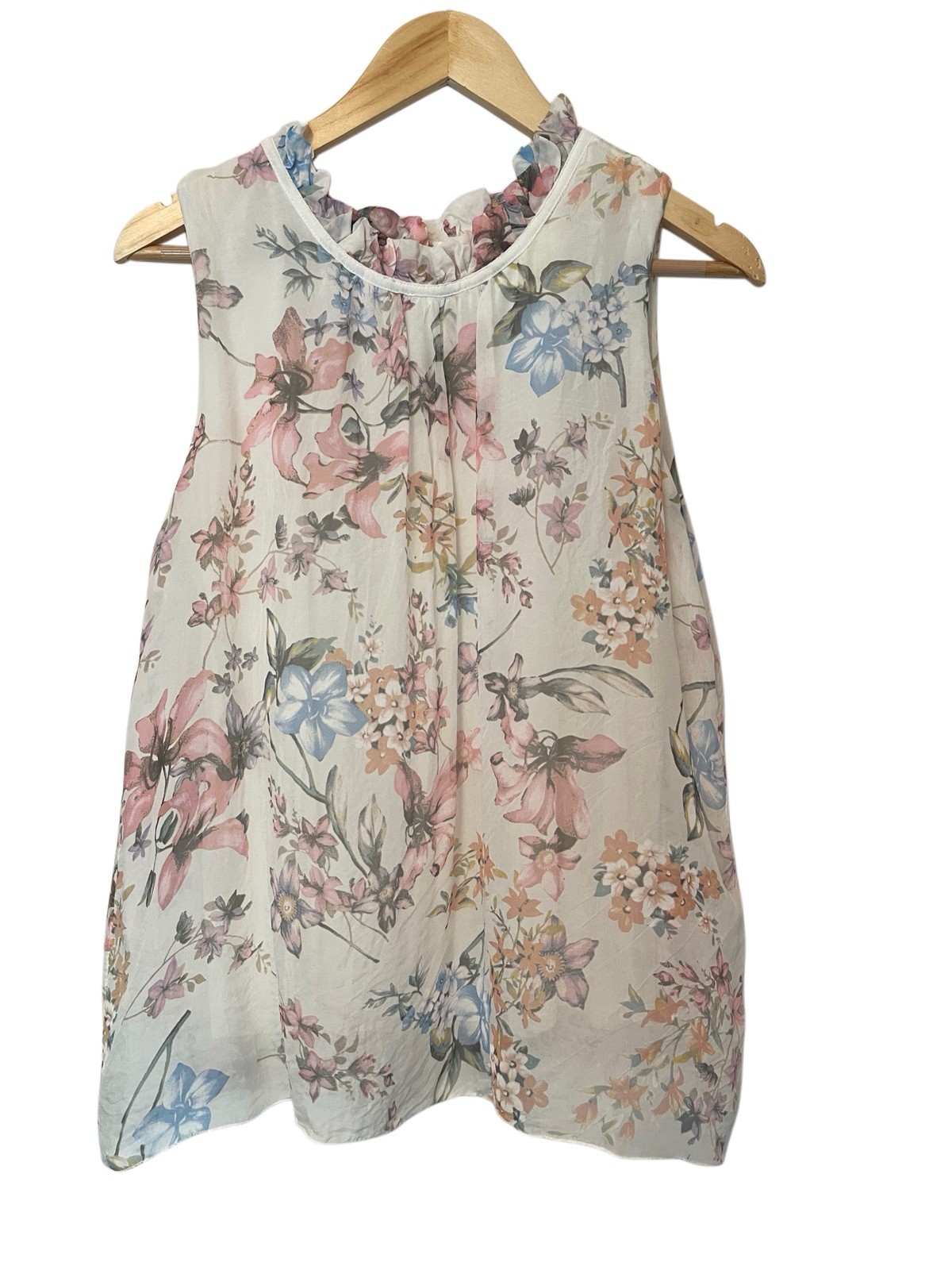 Elena Baldi Sleeveless Floral Silk Lined Tank Top Blouse Ruffle Neck Med Italy