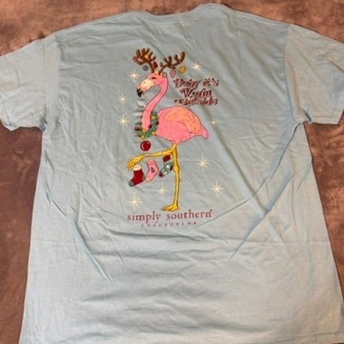 Simply Southern Flamingo Christmas T-Shirt XL Blue Baby Its Warm Outside NWT