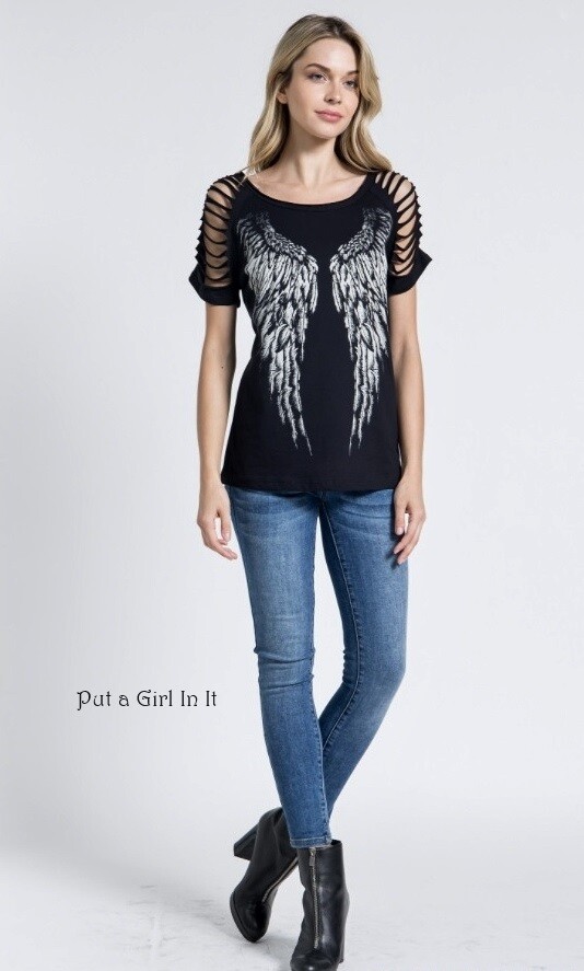 New USA VOCAL Womens BLACK LASER CUT ANGEL WINGS T SHIRT TOP S M L XL 1X 2X 3X