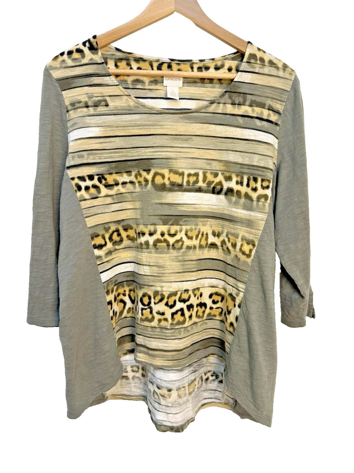Chico’s Top Size 2 Gray Brown Animal Print Stripe 3/4 Sleeve Stretch