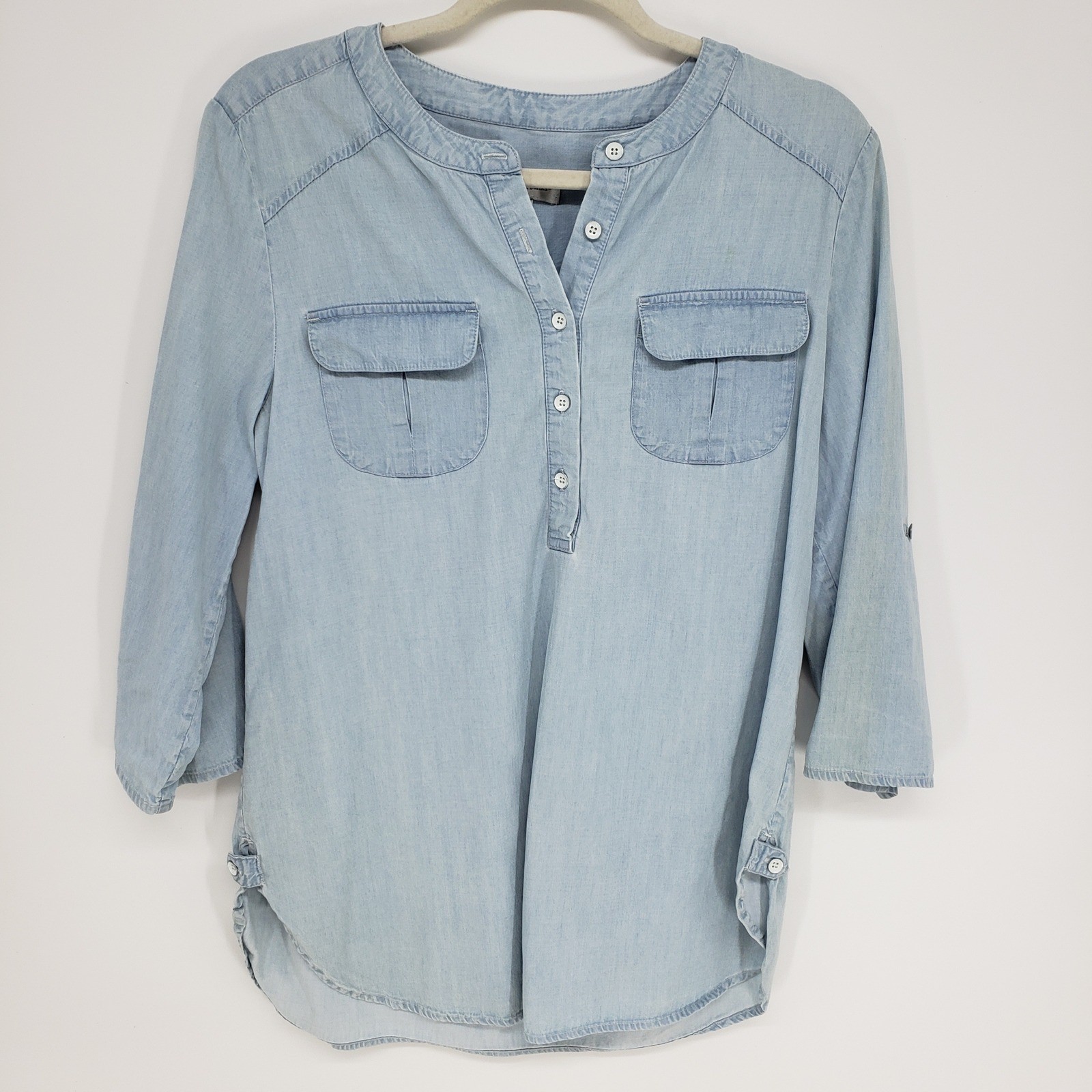 Christopher & Banks Chambray Tunic Top Womens Medium Blue Tencel Cotton Henley