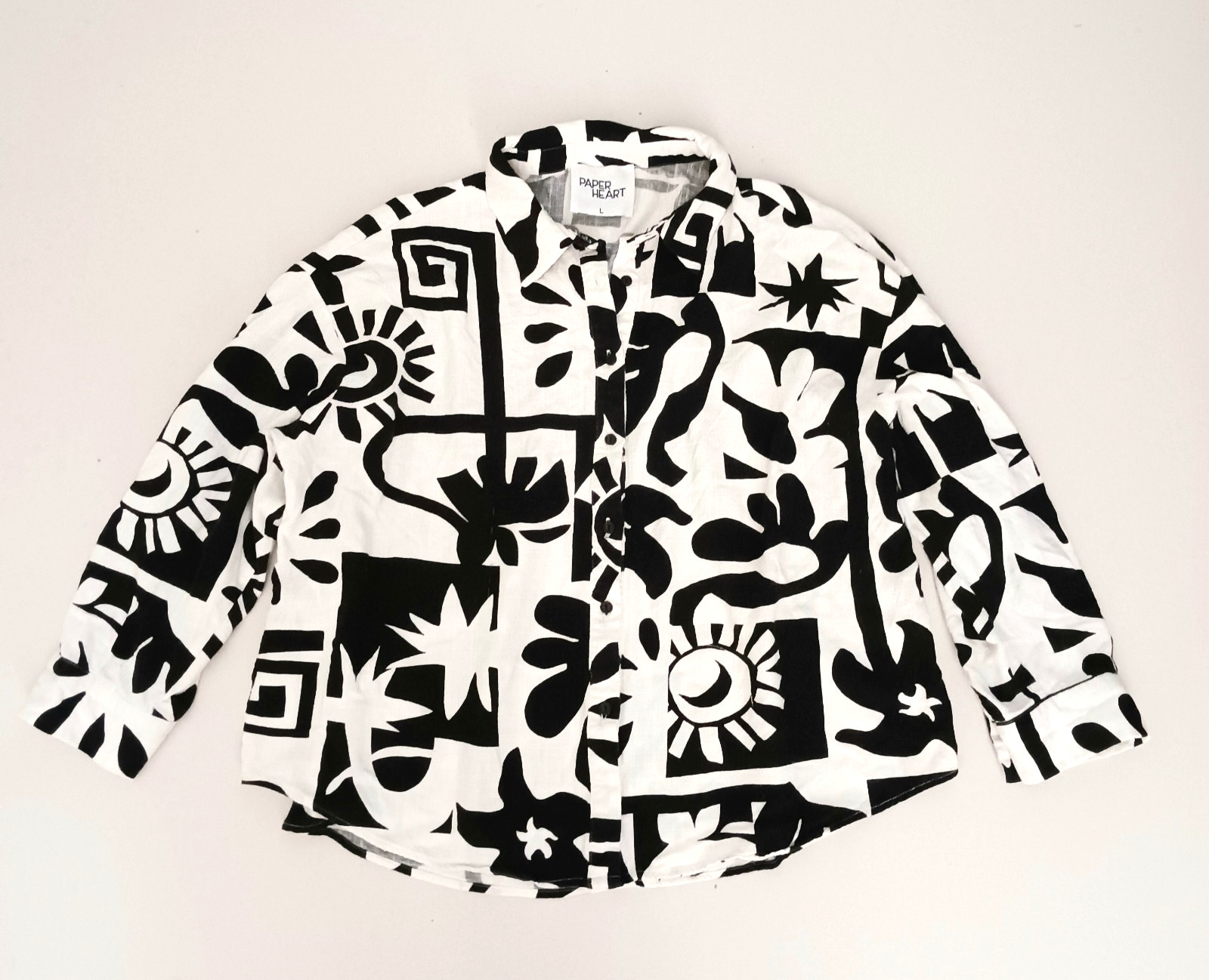 Paper Heart Australia Linen Blend Blouse Blk/White Print Tab Sleeve Sz L