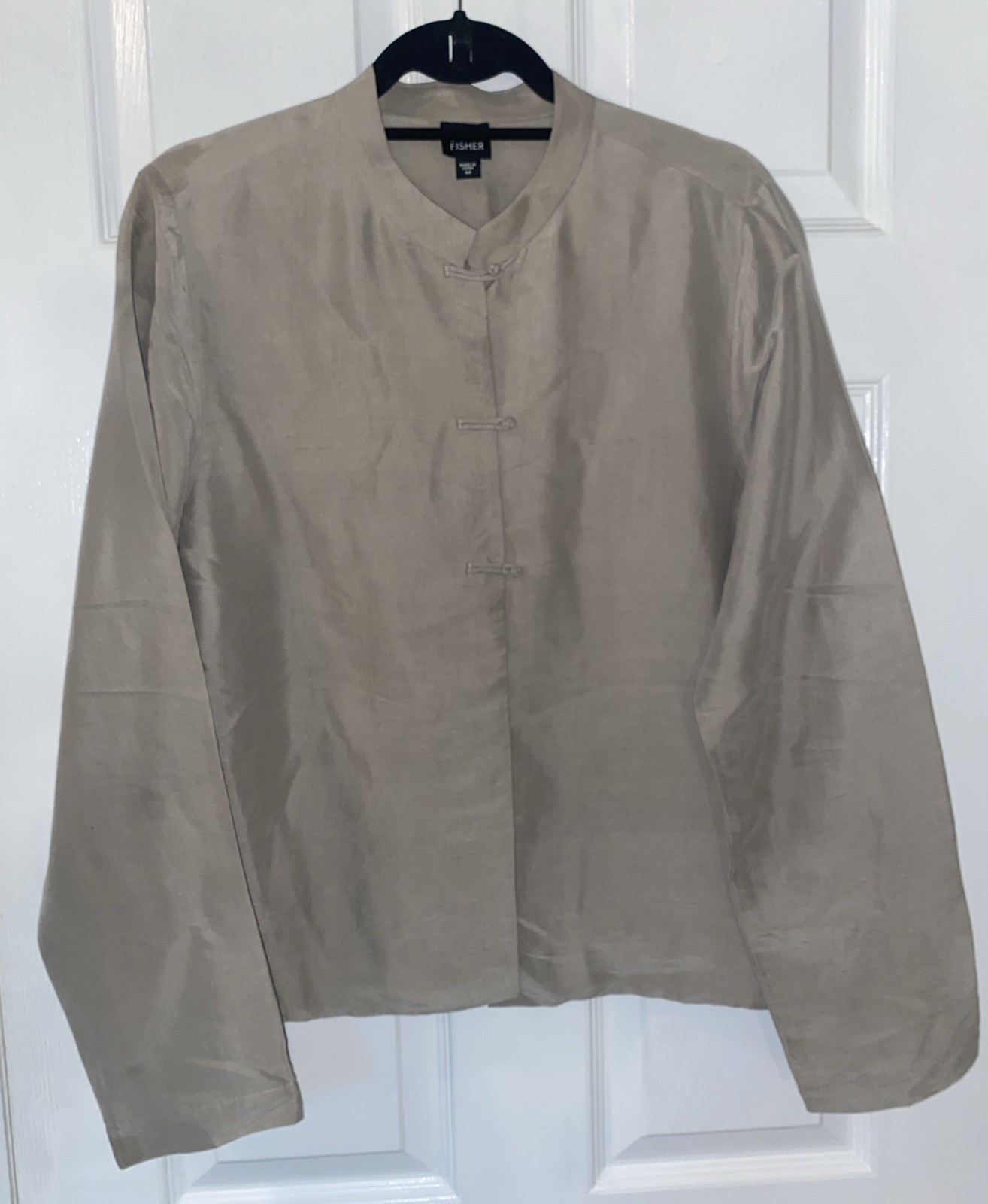 Eileen Fisher 100% Silk Top Women M Mandarin Collar Lagenlook Jacket Beige