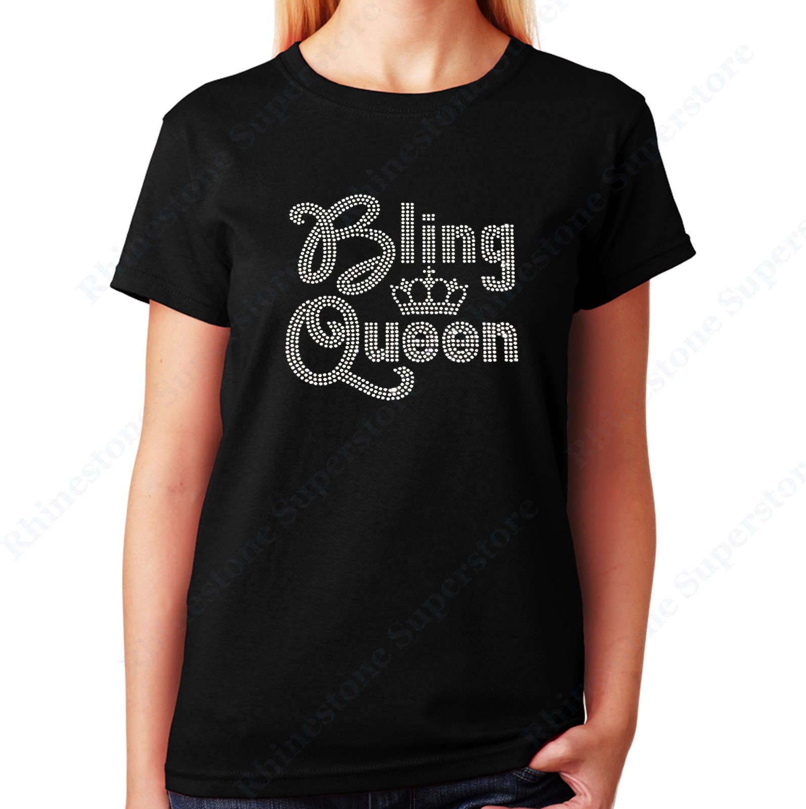 Women’s / Unisex Rhinestone T-shirt ” Bling Queen ” in Sm to 3XL