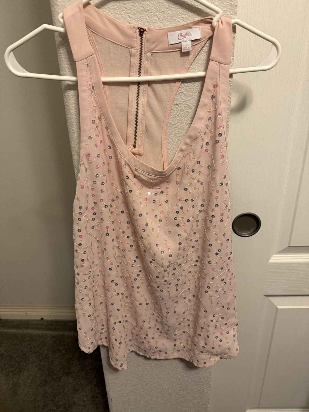 Candie’s Women’s Pink Sequin Racerback Scoop Neck Sleeveless Zip Tank Top L