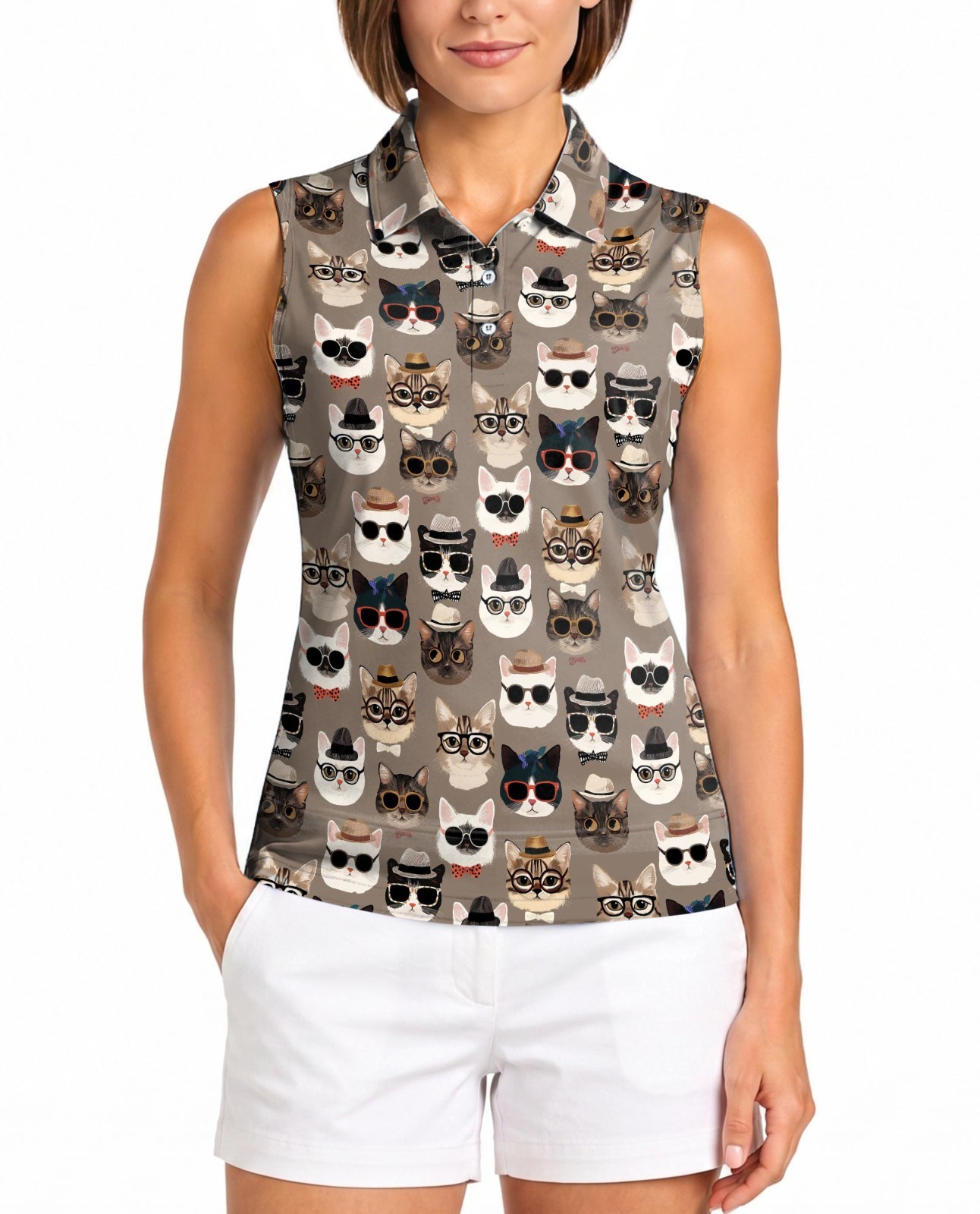 Funny Cat Faces Pattern Women’s Sleeveless Performance Polo Shirt for Golf