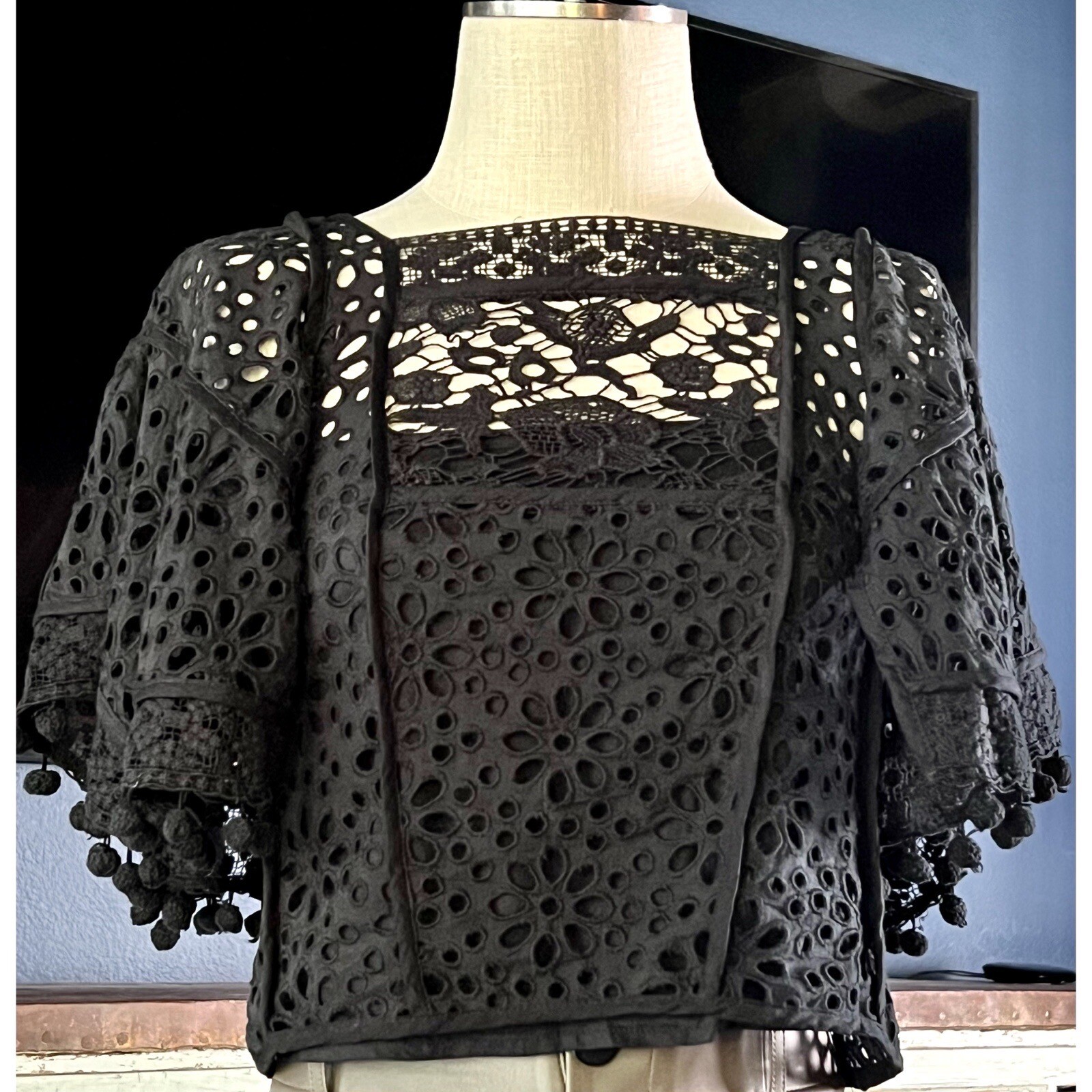 NWT New $160 Anthropologie Cut-Out Crochet Lace Victorian Black Blouse XS