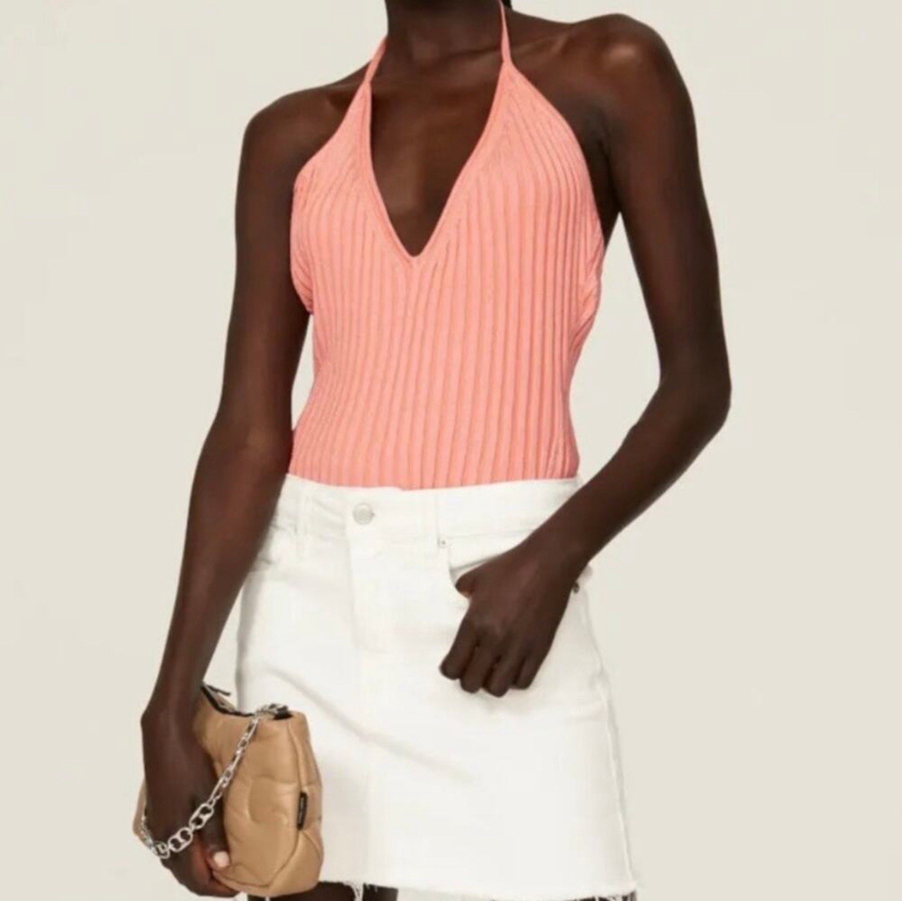 GAUGE81 Moura Plunge Top Women Small Ribbed Knit Halter Coral Viscose Blend