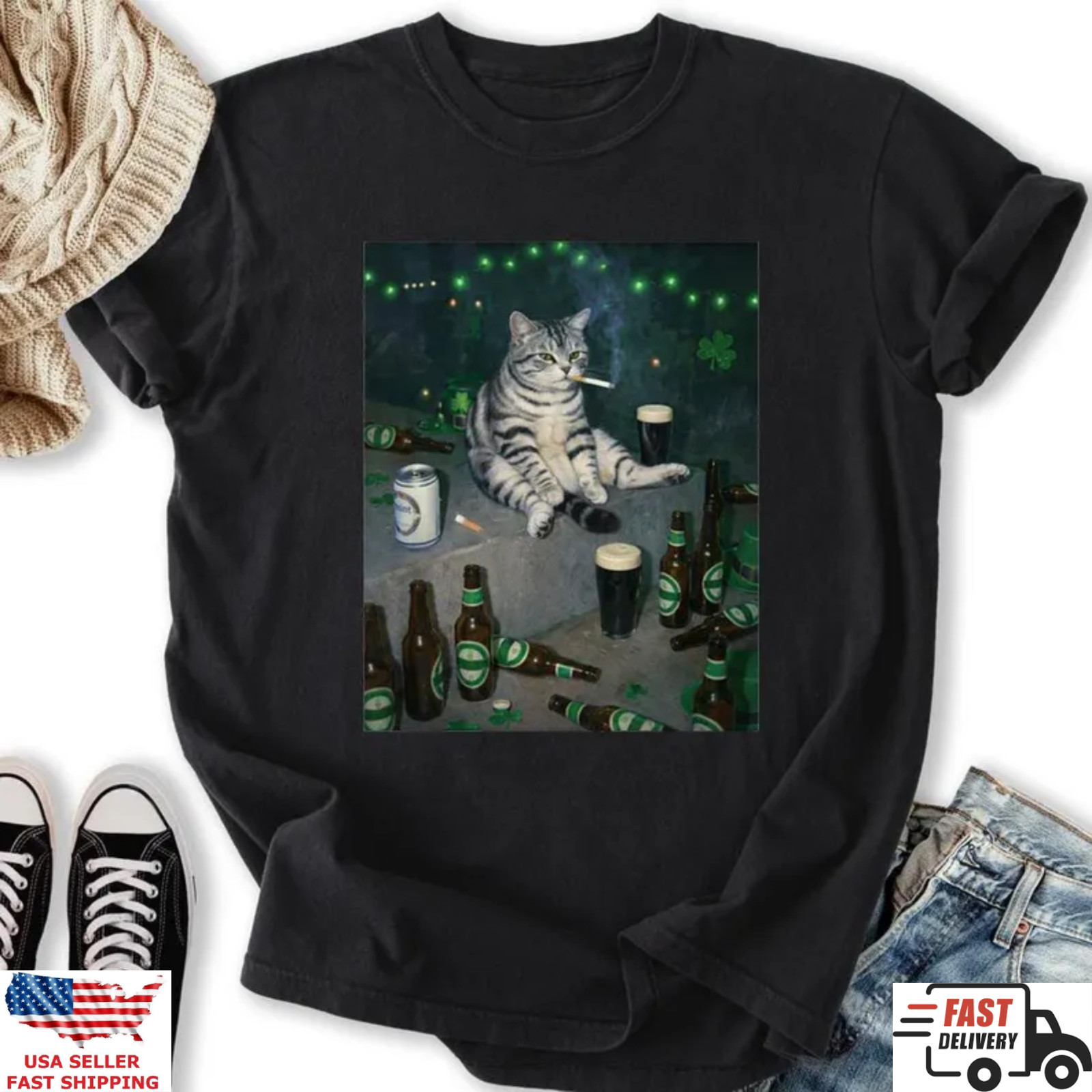 St Patricks Day Drunk Cat Beer Shirt Funny Irish Party Cat Graphic Tee Gift