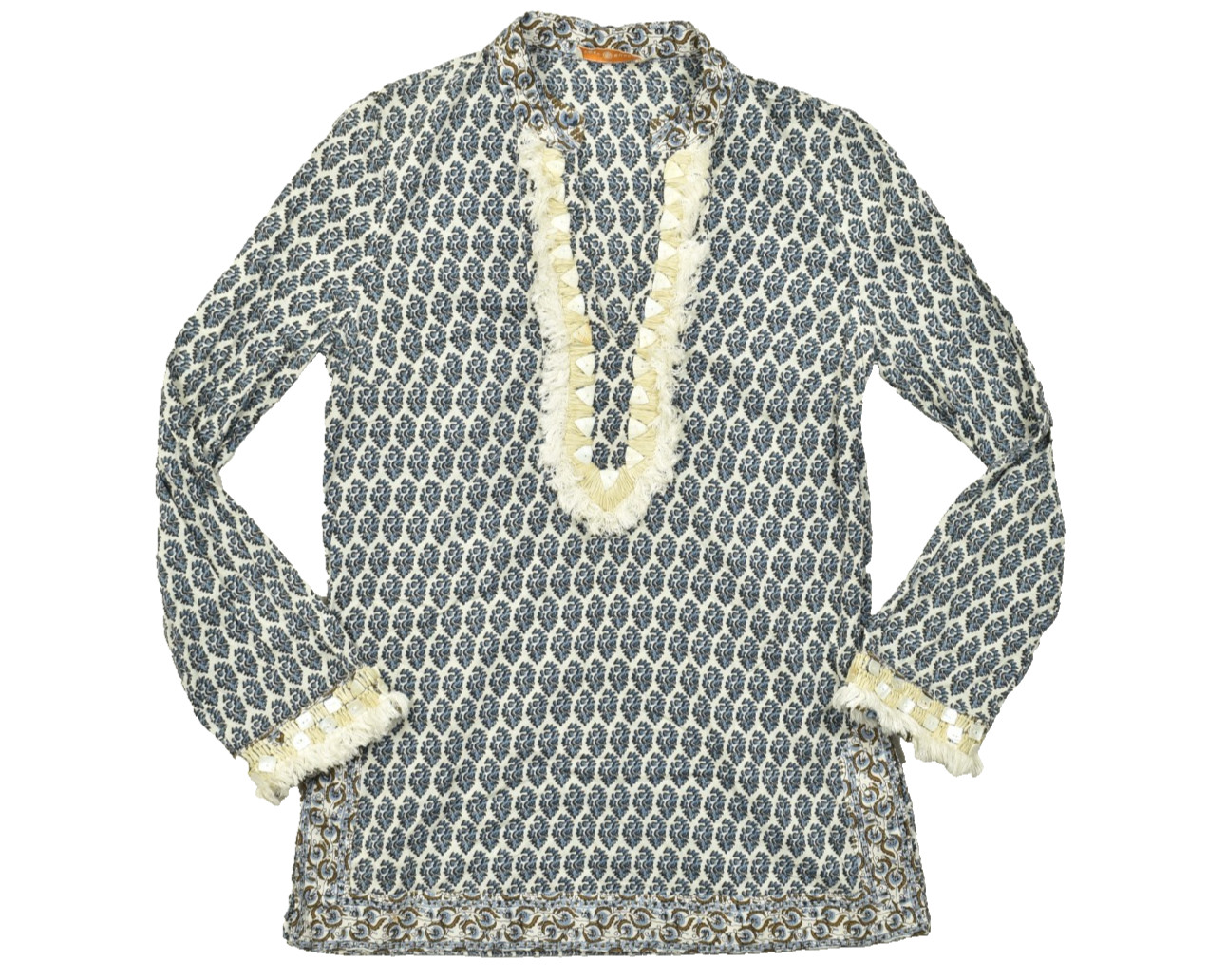 Tory Burch Size 6 Blue Floral Block Print Tunic Cotton Boho Fringe Shell Top
