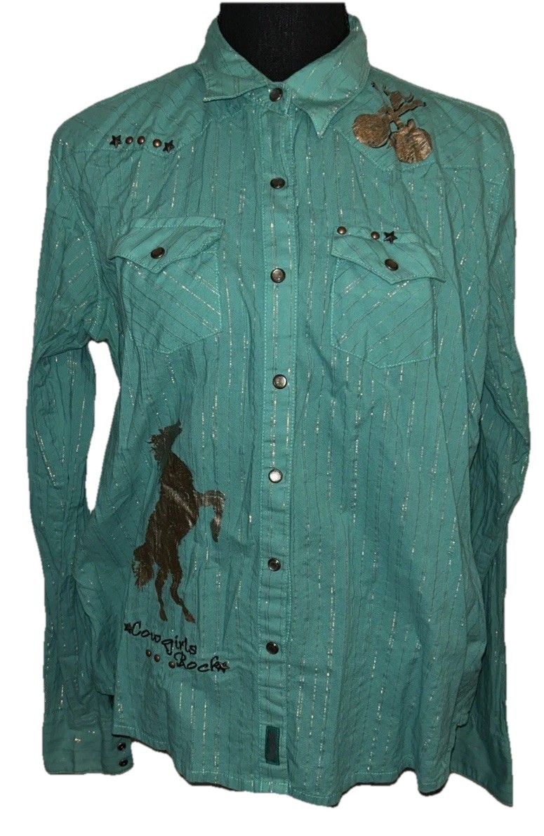 Wrangler Y2K Cowgirls Rock Western Snap Shirt XL Teal Turquoise Gold Pinstripe