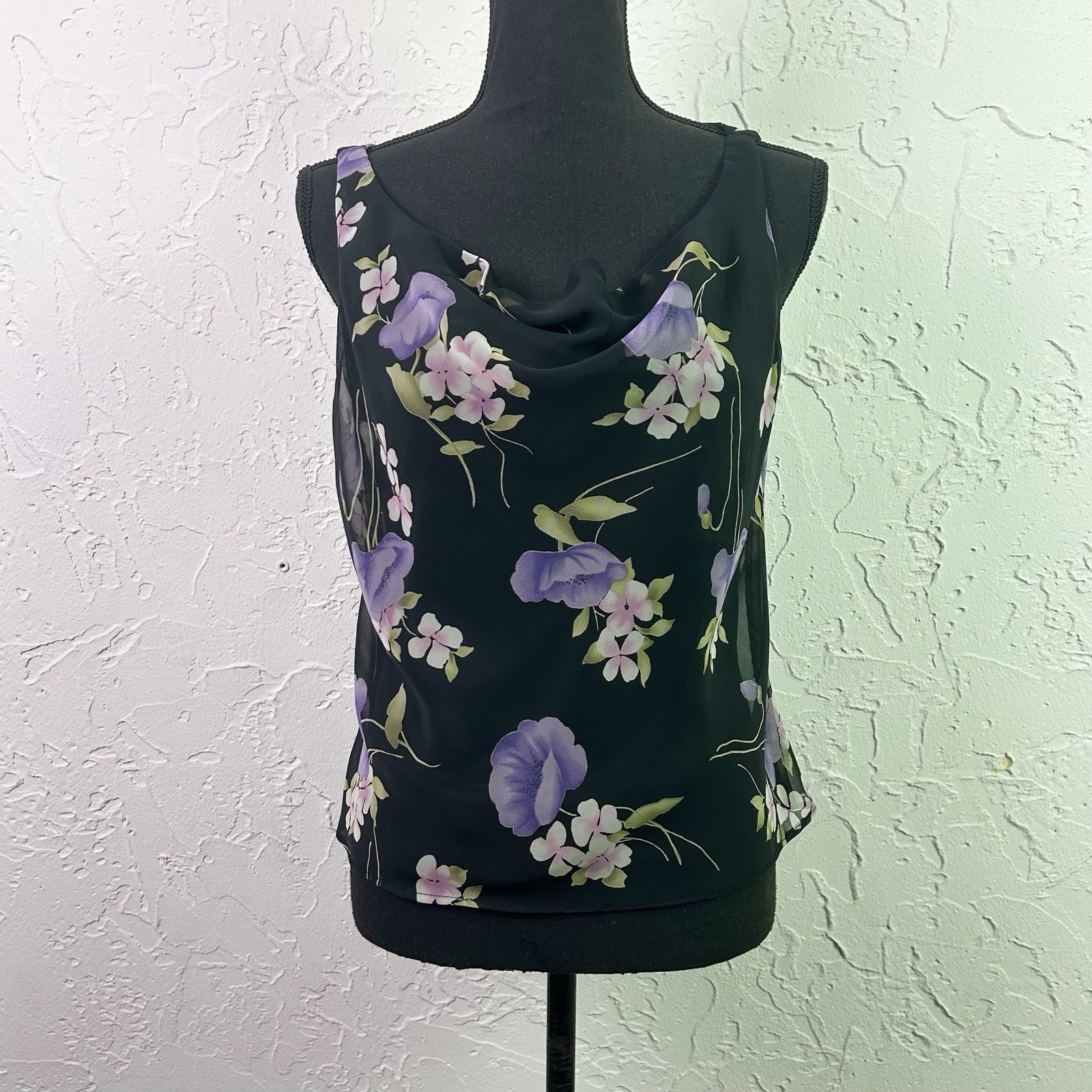 Vintage 90s Black Purple Floral Chiffon Sheer Cowl Neck Top Size 10 Whimsigoth