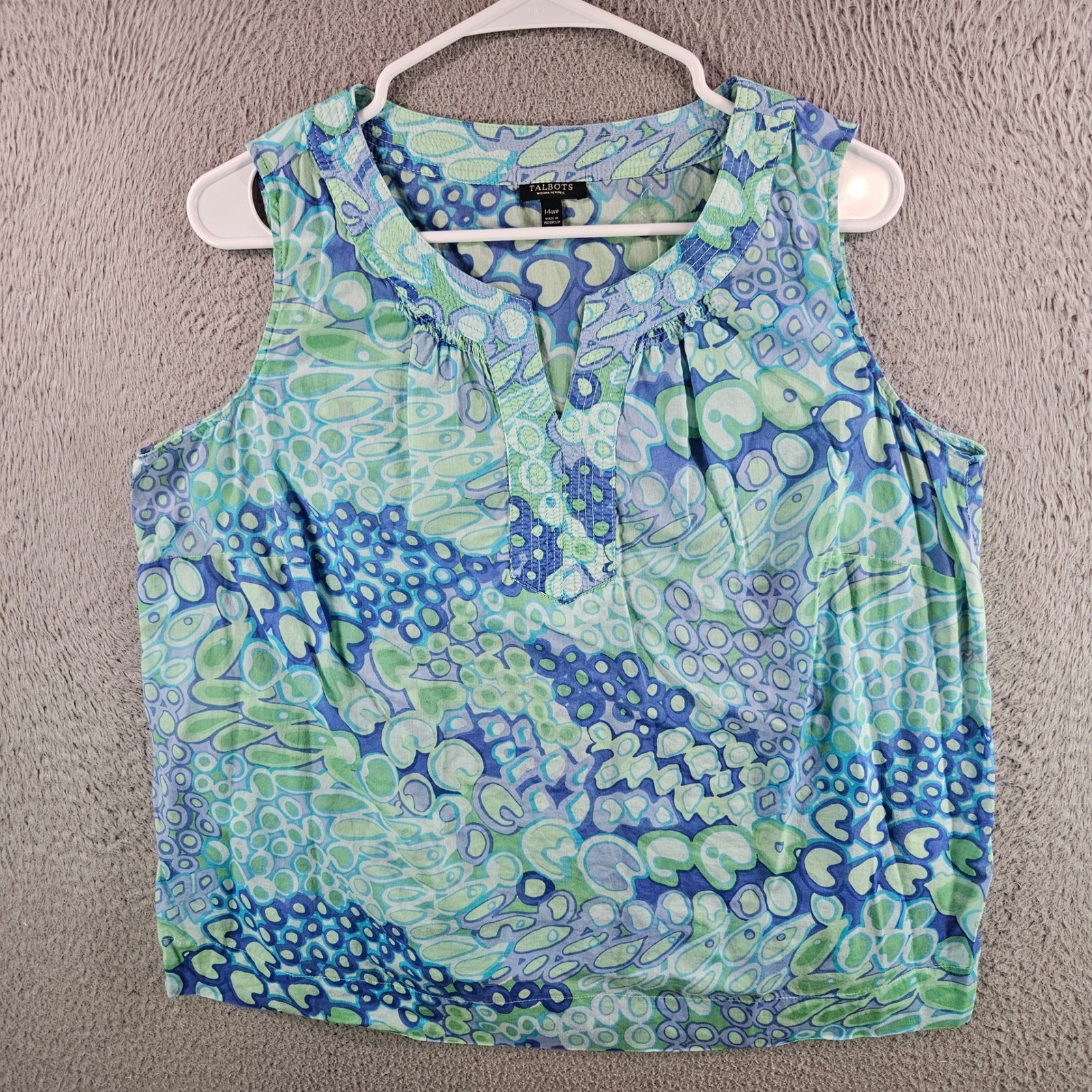 Talbots Woman Petites 14WP Blue Green Abstract Cotton Sleeveless Split Neck Top