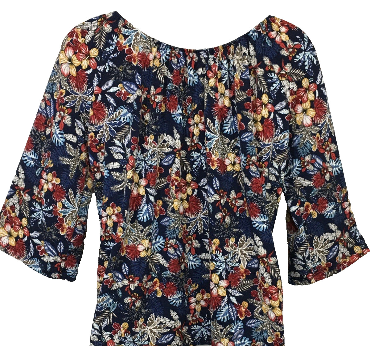 Amanda Pullover Top Womens sz S/M 3/4 Sleeve Elastic Neck Tropical Floral