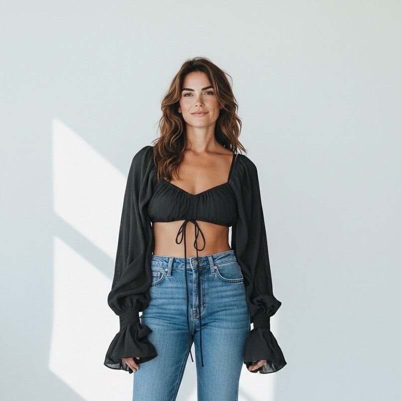 Black Long Sleeve Crop Top Boho Bell Sleeve Lace Up Back Crinkle Chiffon Blouse