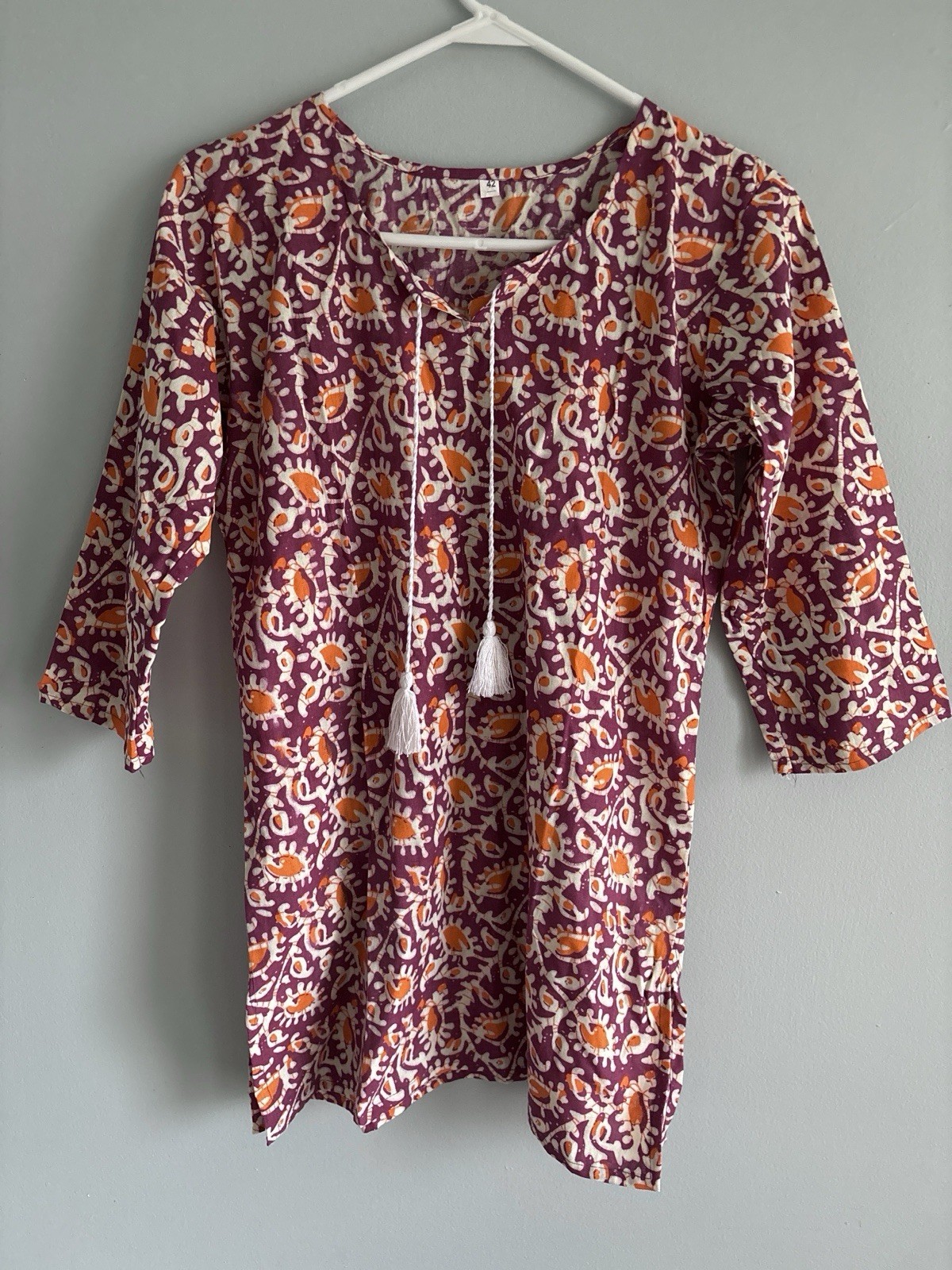 VTG Hippie Boho Cotton Tunic Top Purple Orange Boho Tassel Size Medium