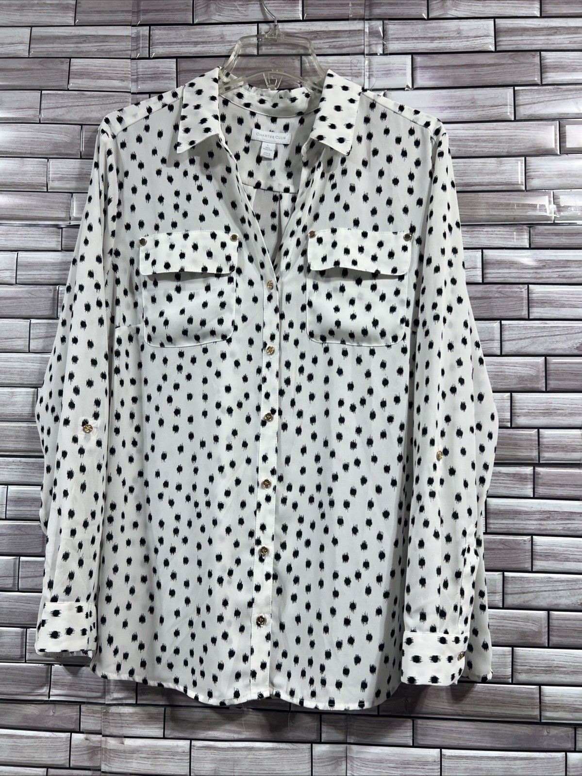 CHARTER CLUB Women’s L blouse white black gold buttons roll table sleeves shirt