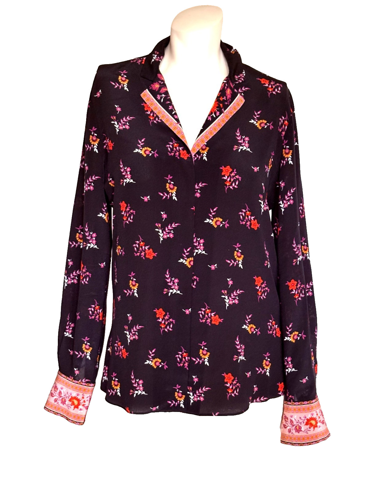 NWOT KOBI HALPERIN BLACK MULTICOLOR FLORAL LONG SLEEVE SILK BLOUSE SIZE: XS