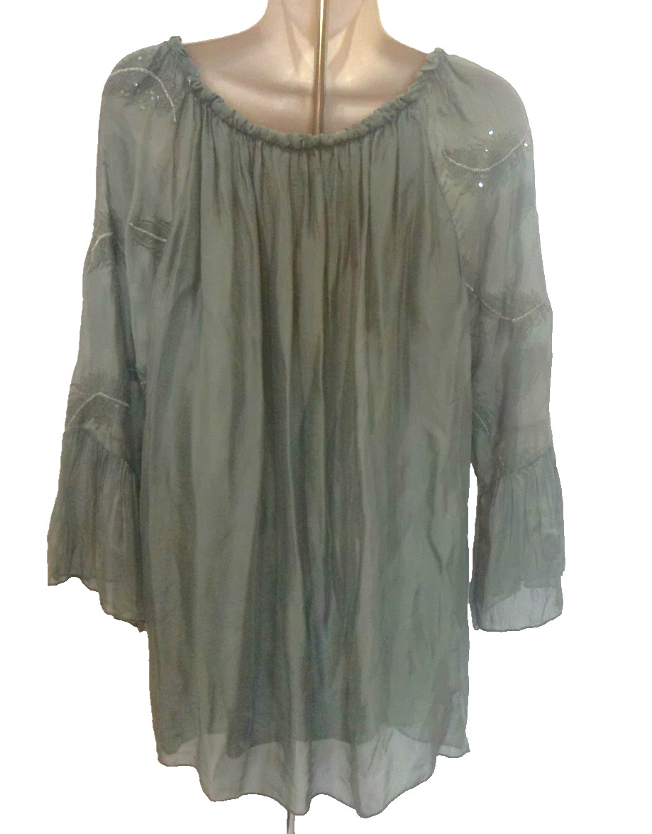 Belle France Women’s Olive Green Embroidered Tunic Blouse w/Bell Sleeves Medium