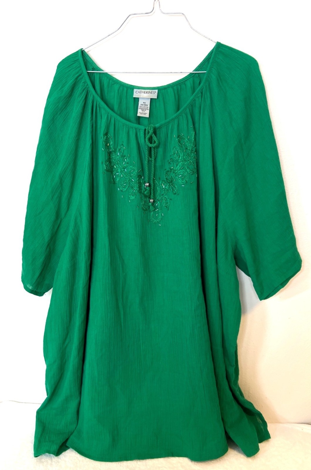 Catherine’s 5X 34/36W Kelly Green Blouse Tassels Tie Lightweight Spring Beading