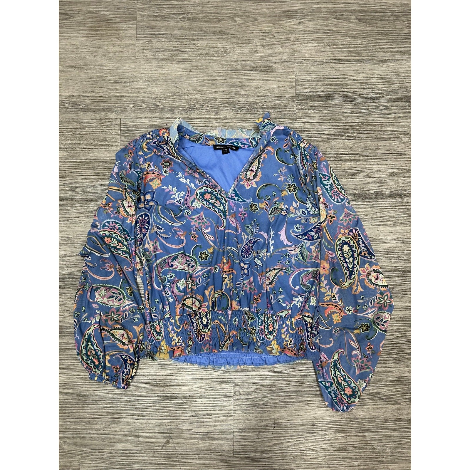 Boston Proper Paisley Mesh Blouse Womens Small Blue Smocked Waist V-Neck Top
