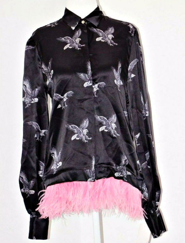 MSGM Eagle Print Feather Trim Silk Shirt Blouse US S / EU 40 Made in Italy $680
