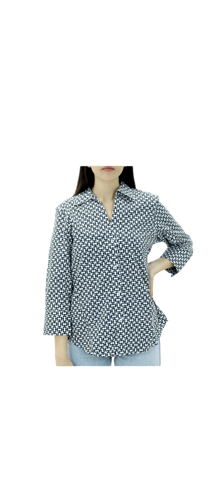 Foxcroft NYC Easy Care Pinpoint Stretch Chain Print Poplin Button-Up cotton sz L