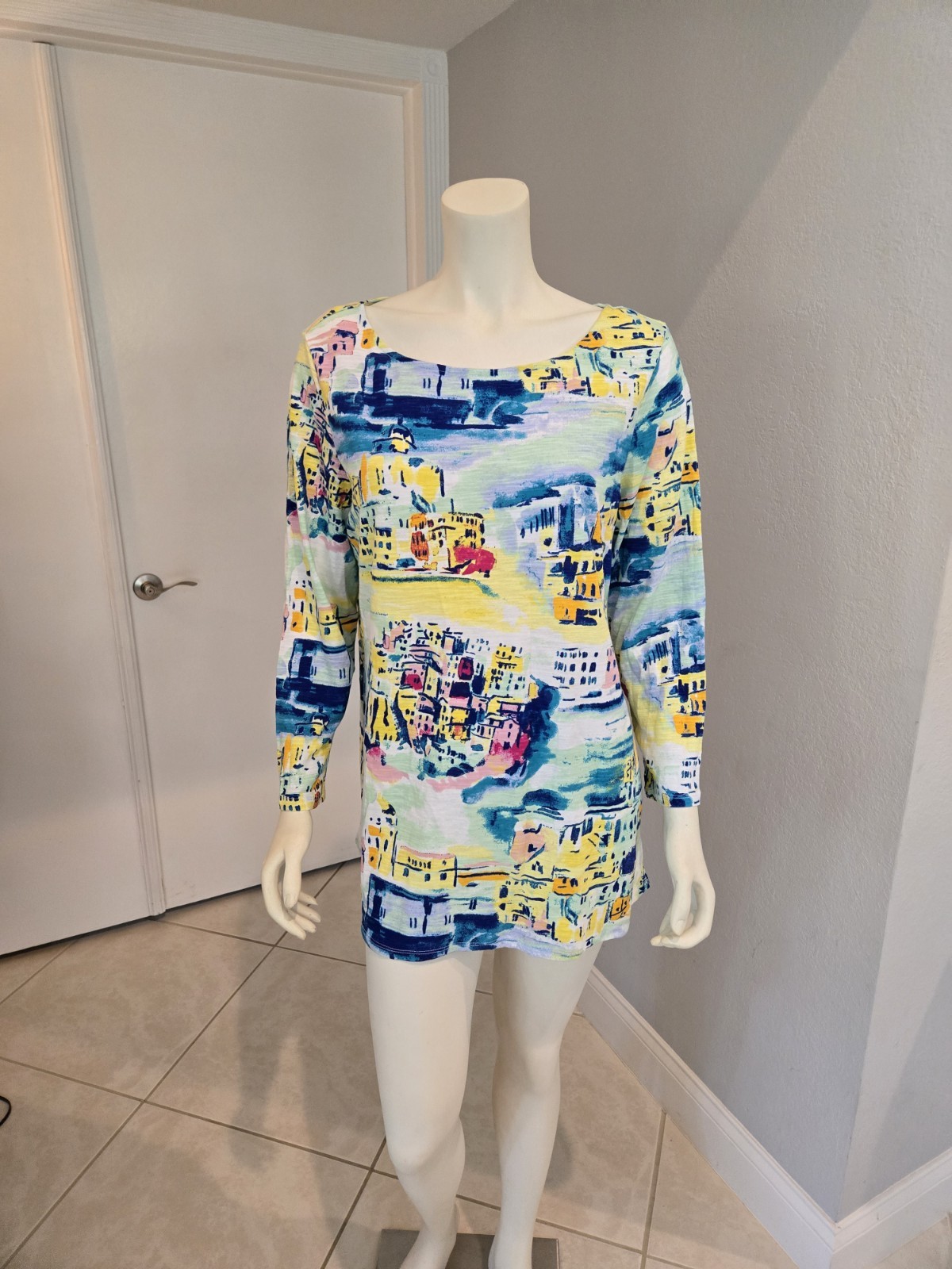 Kim Rogers Summer Multi Blue Yellow White 100% Cotton Long Sleeve Tunic LG NWT