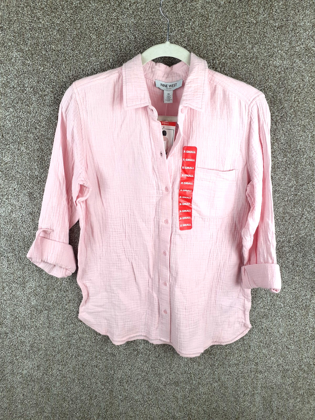 Nine West Cotton Gauze Button Front Blouse Womens XS Pastel Pink Roll Tab NWT