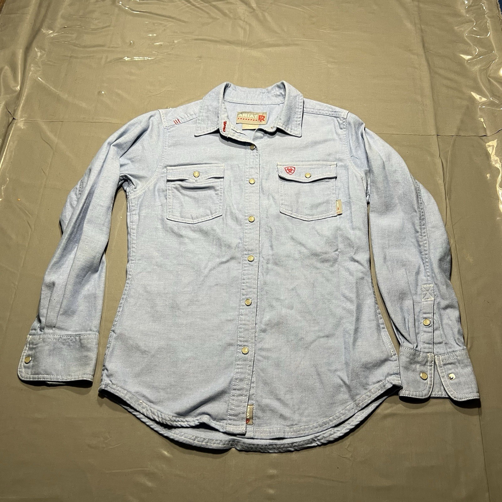 Ariat Shirt Womens Small Blue Pearl Snap FR Fire Resistant Cat 2 Workshirt