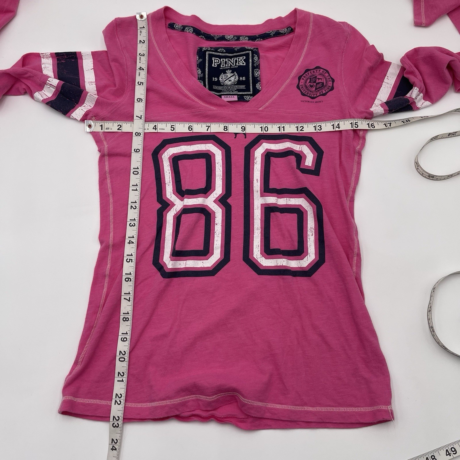 Y2K Victoria’s Secret PINK V-neck Long Sleeve Baseball Tee Hot Pink Sz Small