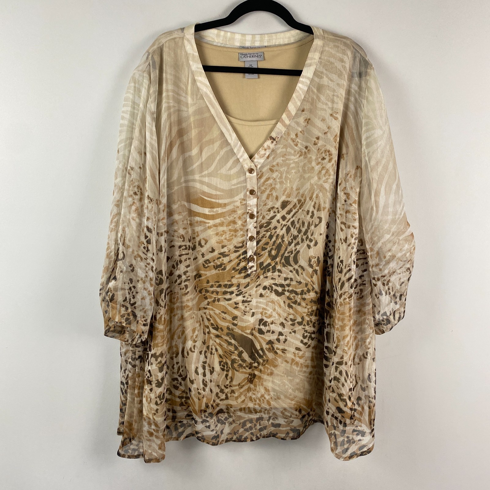 Maggie Barnes Blouse w/ Inner Tank Size 3X Beige Animal Print 3/4 Sleeves