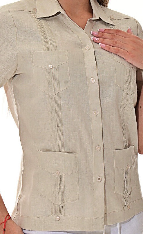 Ladies 100% Soft Linen NATURAL Guayabera Traditional (4) Pocket Blouse LLGB3008