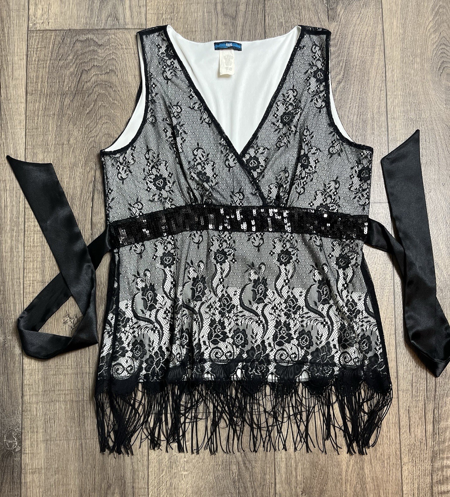 Vintage Y2K Black Lace Fringe Sequin Top Size L Ribbon Tie Back Whimsigoth Glam