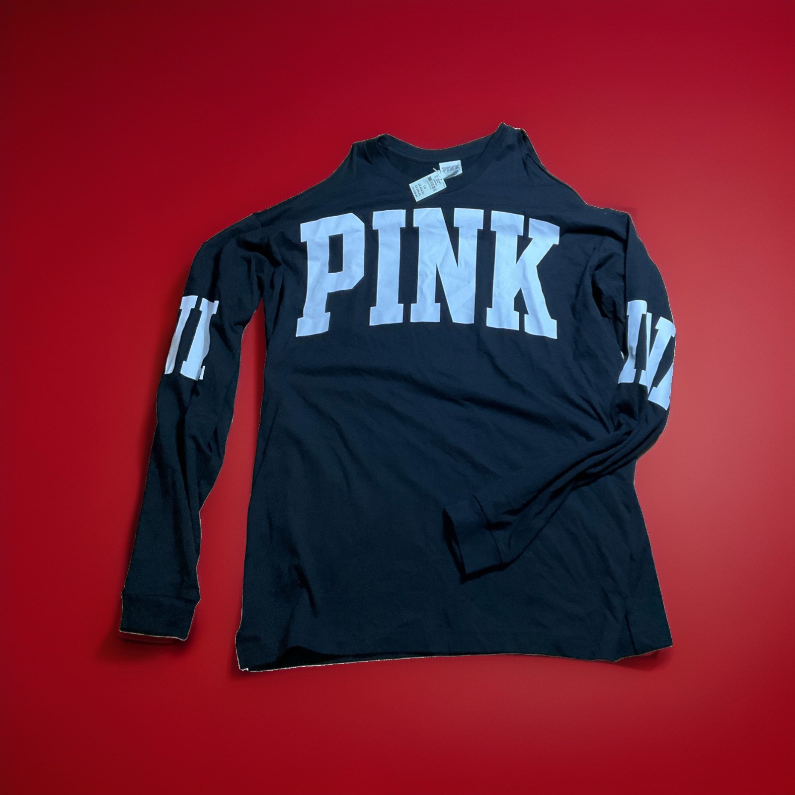 NWT VS pink open shoulder black logo long sleeve top size L