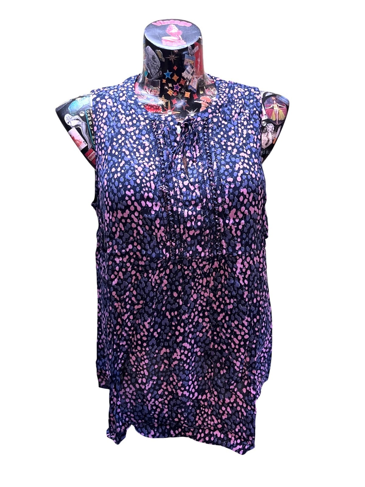 Daniel Rainn Womens Sleeveless Navy & Pink Polka Dot Blouse 100% Rayon