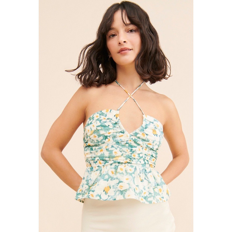 Bishop + Young Aeries Halter Top Teal Floral Peplum Smocked Ruched Size Large