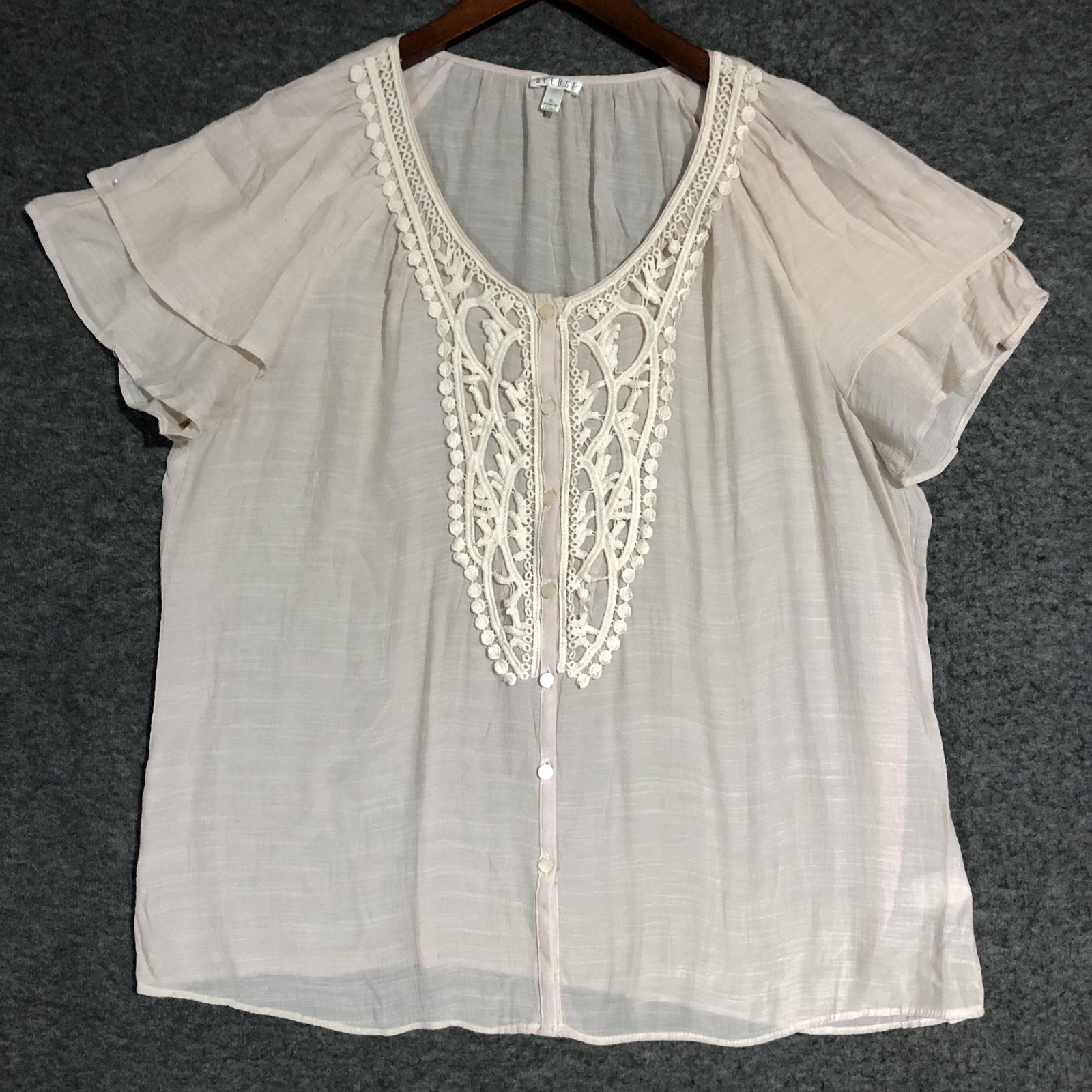Spense Blouse Womens XL Pink Lace Trim Button Up Flutter Sleeve Boho Peasant Y2k