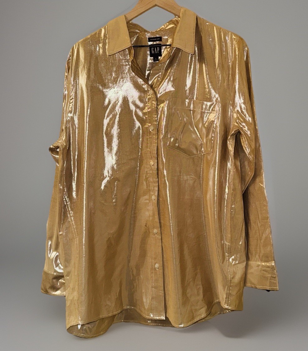 GAP Metallic Gold Foil Boyfriend Shirt Large L Shiny Liquid Metal Shimmer Blouse