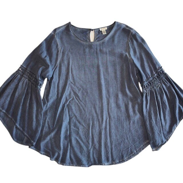 Spense Oil Wash Bell Sleeve Top Crochet Trim Long Sleeve Blouse Blue Size L