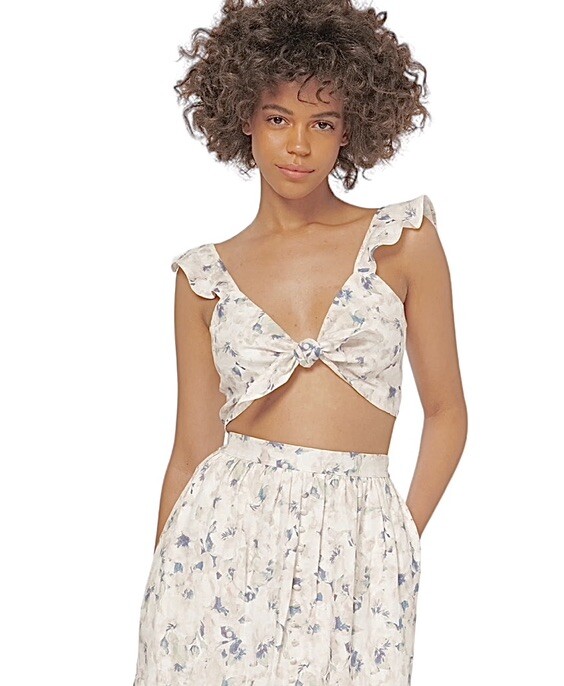 Cami Layla Linen Crop Top Floral Print Size Small Tie Front Ruffle Flutter Strap