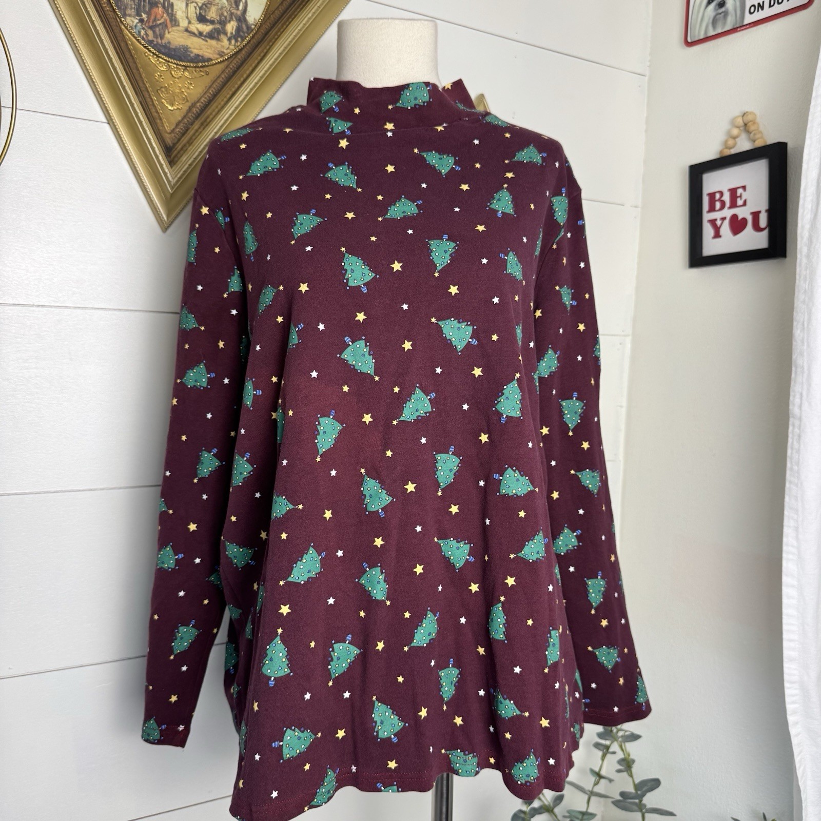 VTG 90s Y2K Women 1X Holiday Christmas Trees Print Turtleneck Long Sleeve Top