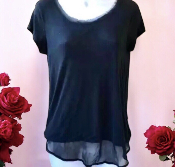 Femme By Tresics Black Blouse Top Cap Sleeve SHEER TRIM Womens size Small